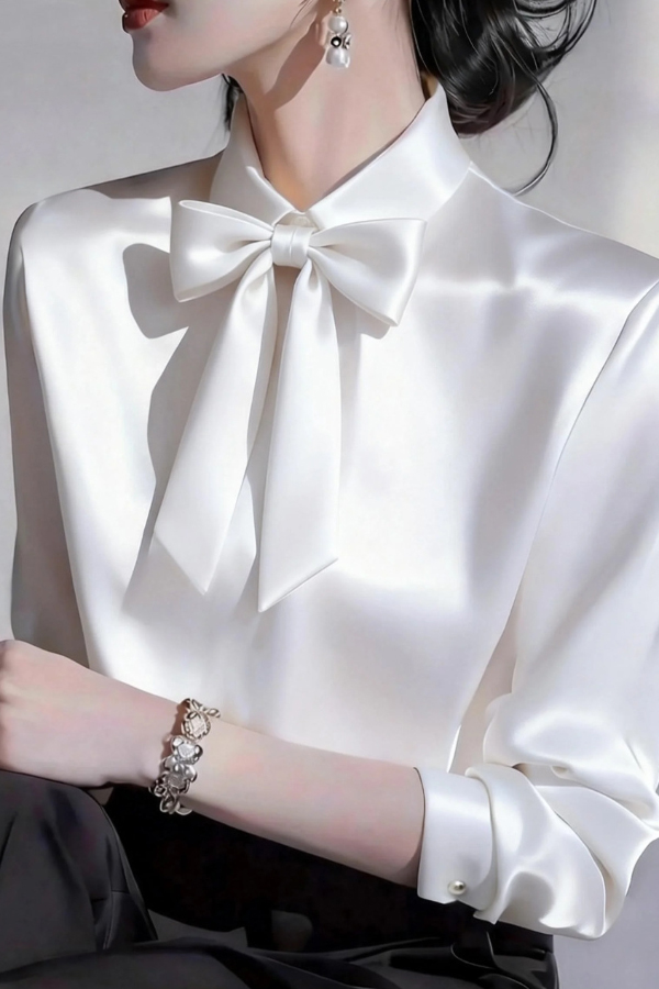 Solid Color Lapel Bow Tie Long-sleeved Casual Shirt-consonak