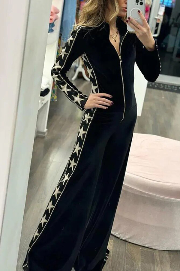 Star-print Velvet Patchwork Zipped Wide-leg Jumpsuit(ONE SIZE DOWN) | Consonak