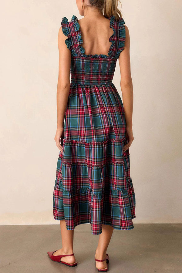 Plaid Print Ruffled Halter Pleated Sleeveless Casual Midi Dress-consonak