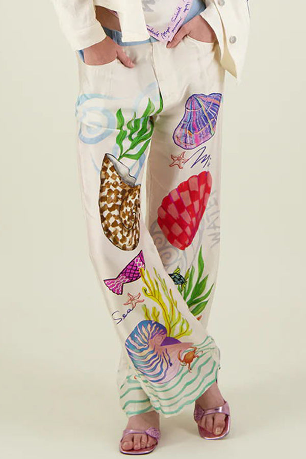 Dream Ocean Satin Unique Print Back Elastic Waist Pocketed Wide Leg Pants | Consonak