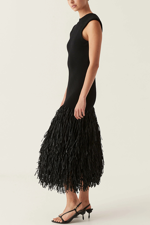 Christie Ribbed Patchwork Tiered Fringed Hem Zipper Backless Maxi Dress-consonak