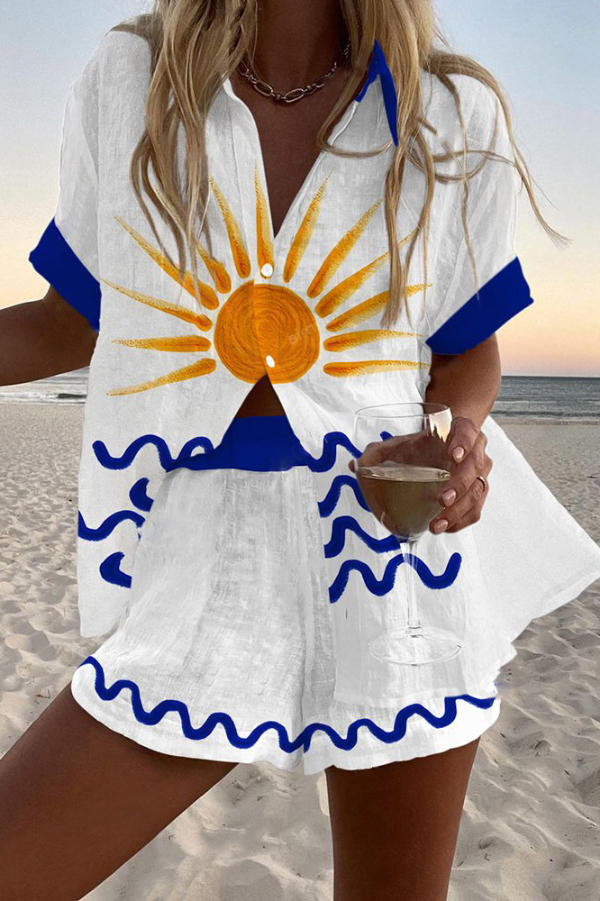 Sunrise Print Loose Button Elastic Waist Shorts Set-consonak