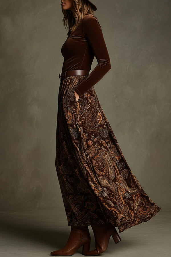 Stylish Velvet Long-sleeved Fitted Top and Unique Printed Casual Pocket Maxi Skirt Set-consonak