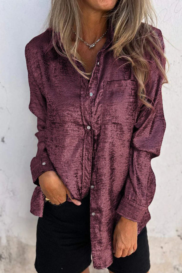 First and Fabulous Metallic Fabric Button Up Long Sleeve Loose Blouse | Consonak