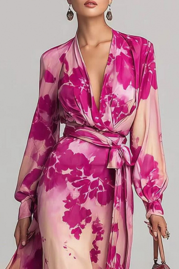 Floral Print Chiffon Long-Sleeved V-Neck Tie Waist Elegant Maxi Dress