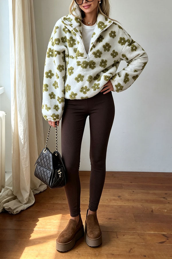 Colorblock Floral Pattern Teddy Bear Fleece Material Long Sleeve Kangaroo Pocket Zipper Sweatshirt-Consonak