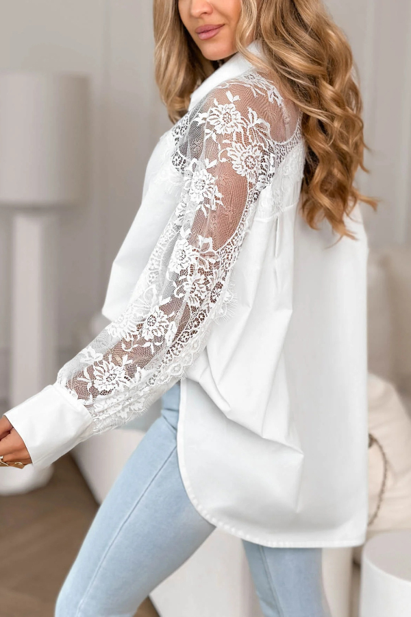 Solid Color Loose-fitting Patchwork Lace Long-sleeved Casual Shirt-consonak