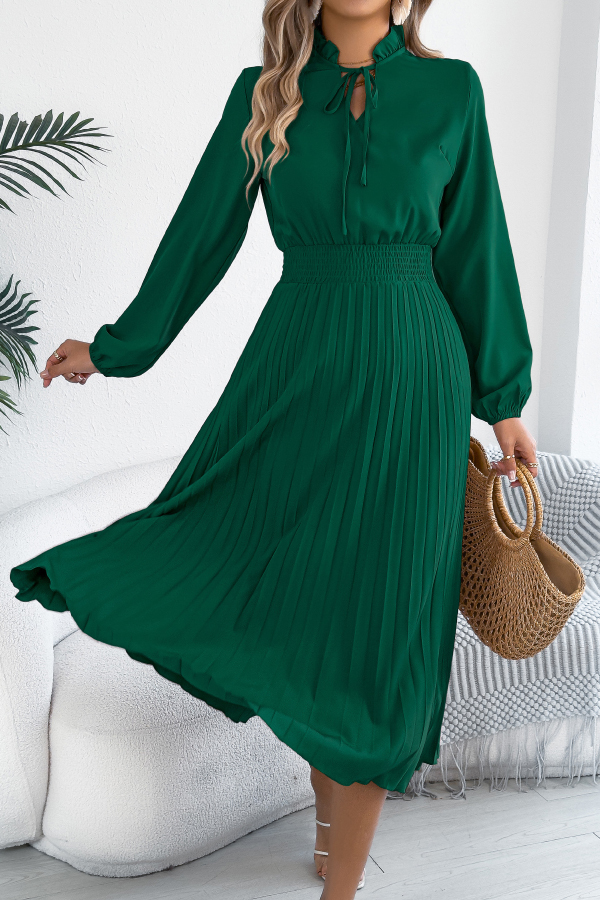 Solid Color Long-sleeved Fitted Waist Pleated Elegant Midi Dress-consonak