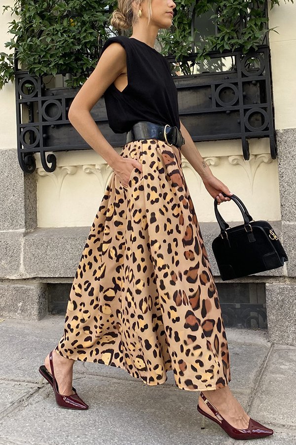 Stylish Leopard Print Elegant Large Hem Maxi Skirt-consonak