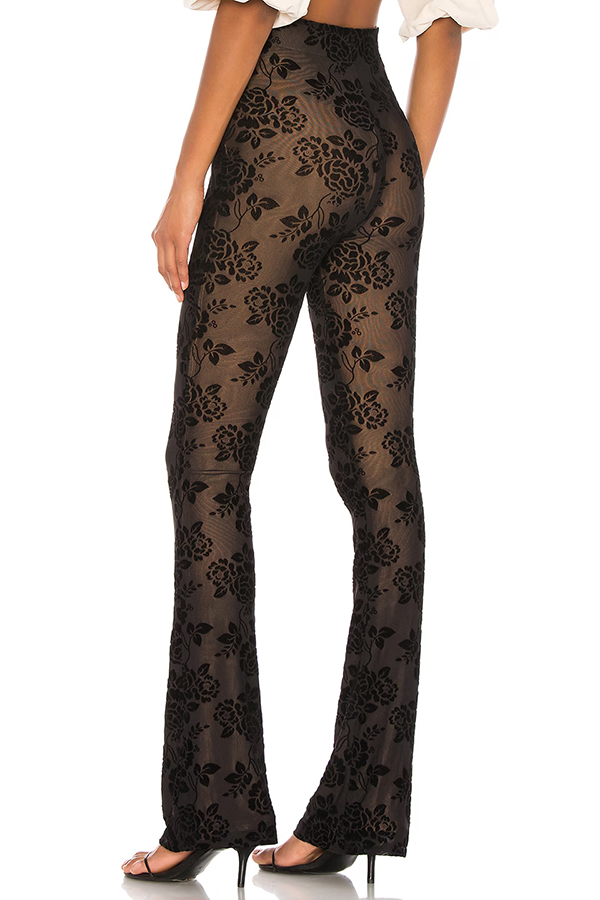 Romance Detail Flower Pattern Mesh Elastic Waist Stretch Flare Pants-consonak