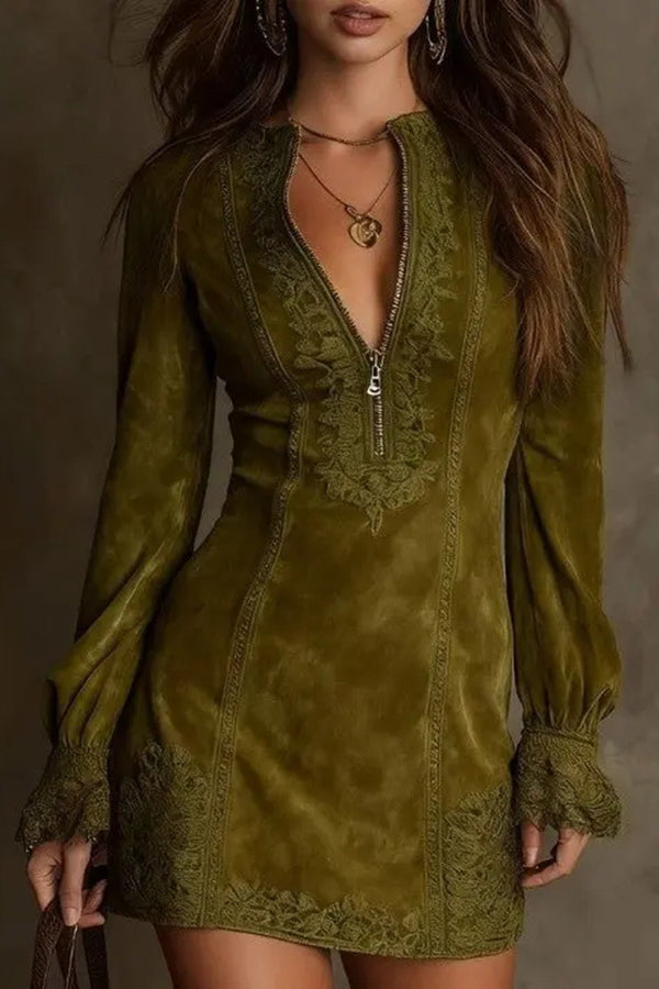 Elegant Embroidered Lace Patchwork Slim-fit Mini Dress-consonak