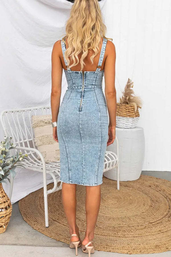This Seasons Staple Denim Adjustable Straps Zip-up Firm Stretch Midi Dress-consonak