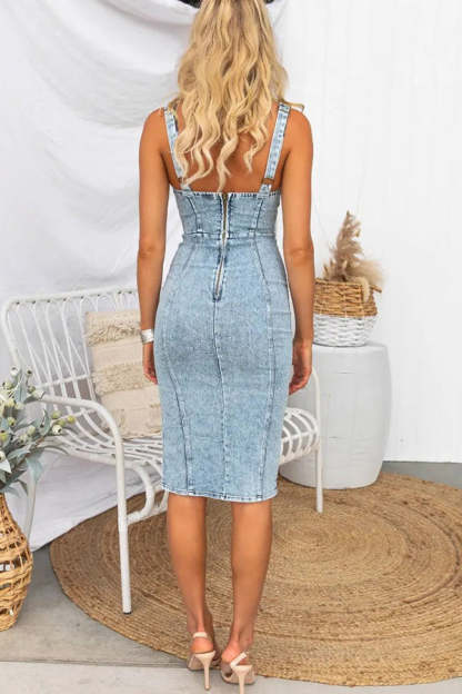 This Seasons Staple Denim Adjustable Straps Zip-up Firm Stretch Midi Dress-consonak
