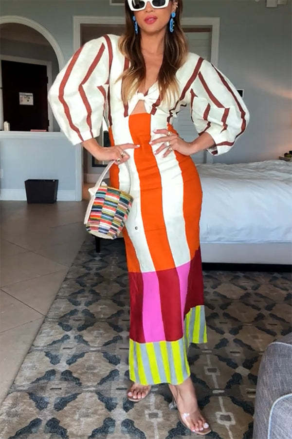 Kaya Linen Blend Color Block Print Front Cutout Knot Puff Sleeve Maxi Dress-consonak