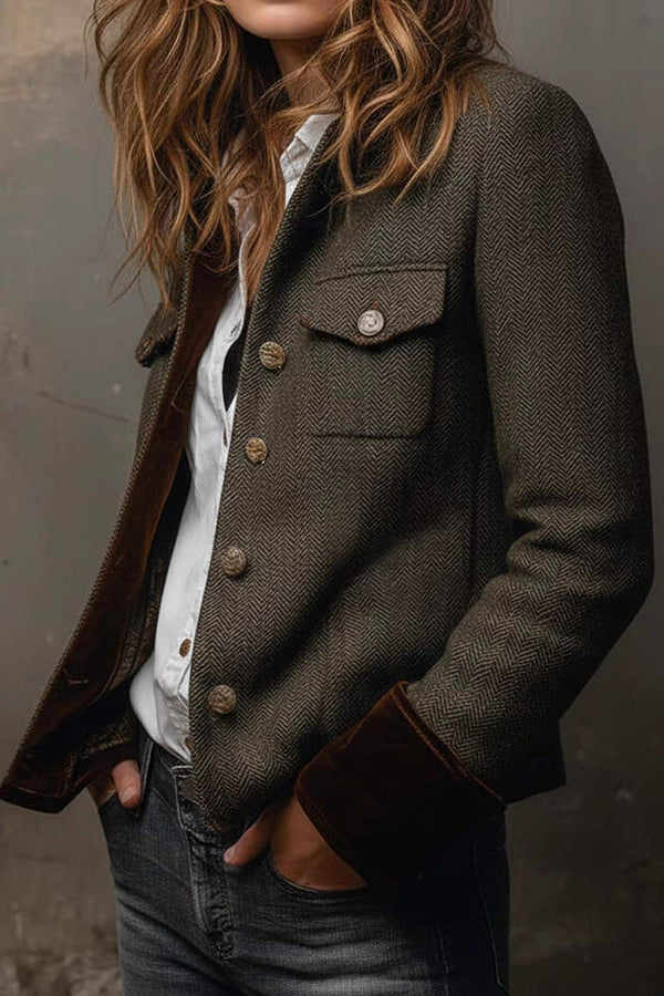 Vintage Herringbone Velvet Trim Casual Long-sleeved Blazer-consonak