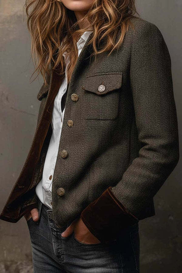 Vintage Herringbone Velvet Trim Casual Long-sleeved Blazer-consonak