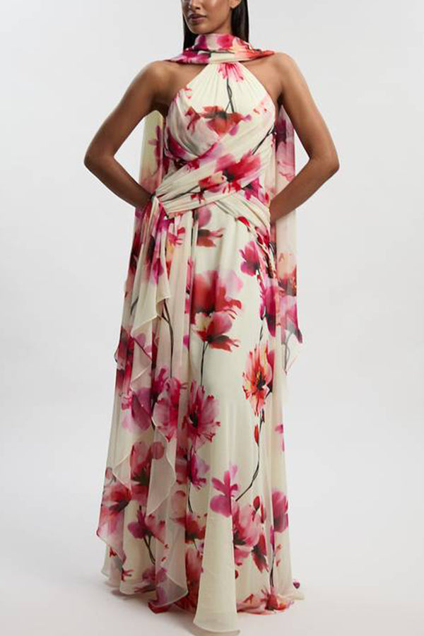 Blooming Petals Chiffon Floral Print Crinkle Cross Front Drape Ruffles Scarf Maxi Dress