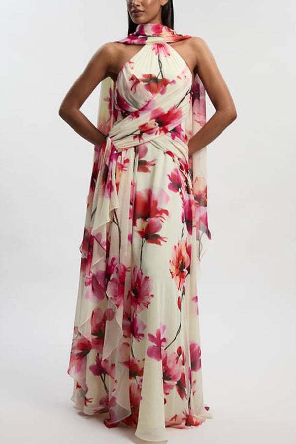Blooming Petals Chiffon Floral Print Crinkle Cross Front Drape Ruffles Scarf Maxi Dress