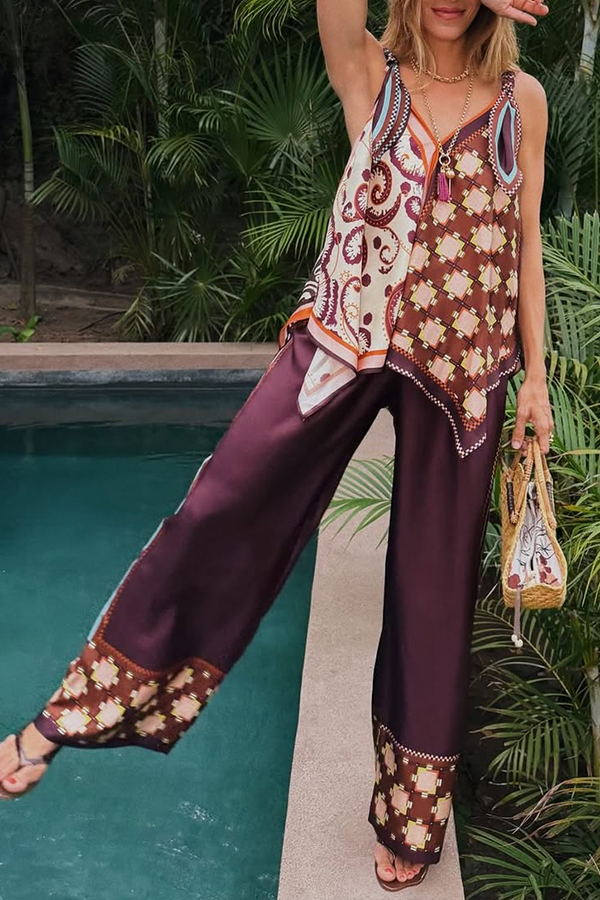 Wilson Satin Unique ColorBlock Print Scarf Top and Elastic Waist Pocket Wide Leg Pants Set-consonak