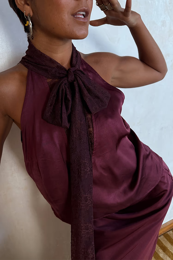 Sunday Social Contrast Color Satin Lace Trim Neck Strap Loose Tank-consonak