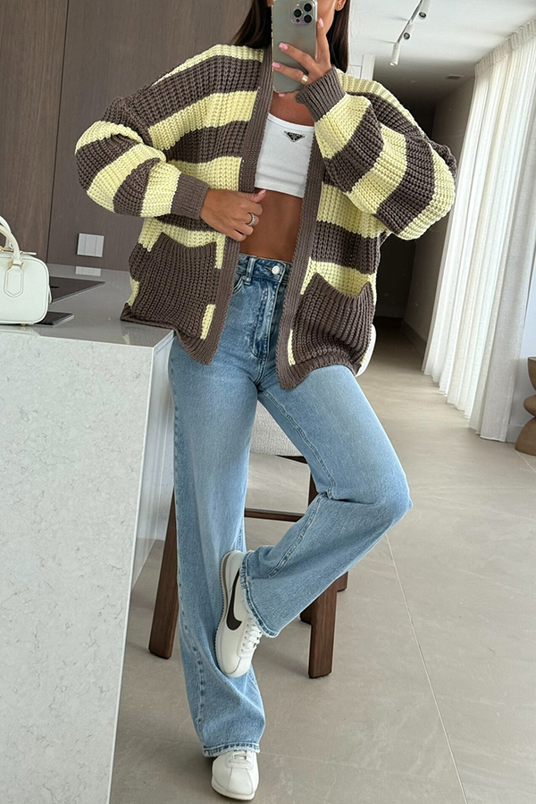 Fashionable Patchwork Striped Casual Pocket Knitted Sweater-consonak