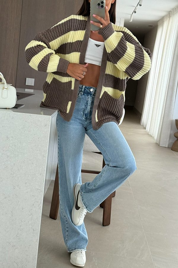 Fashionable Patchwork Striped Casual Pocket Knitted Sweater-consonak