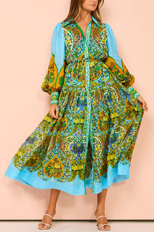 Feeling Butterflies Multi Unique Print Balloon Sleeve Belt Shirt Midi Dress-consonak