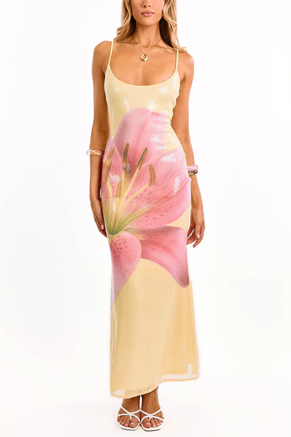 Floral Print Fashion Sequined Spaghetti Strap Backless Slim Fit Vacation Maxi Dress-consonak