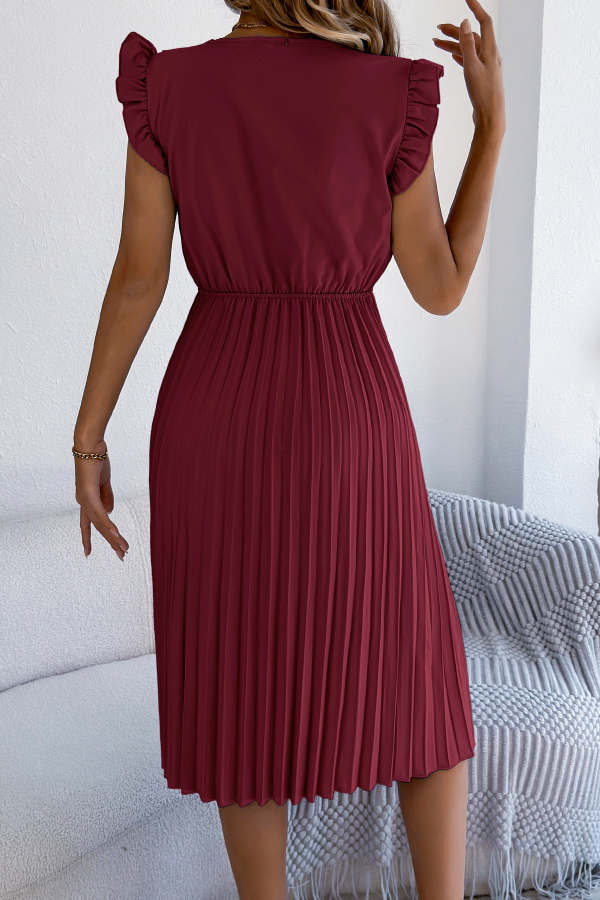 Solid Color V-neck Lace-trimmed Sleeveless Casual Pleated Midi Dress-consonak
