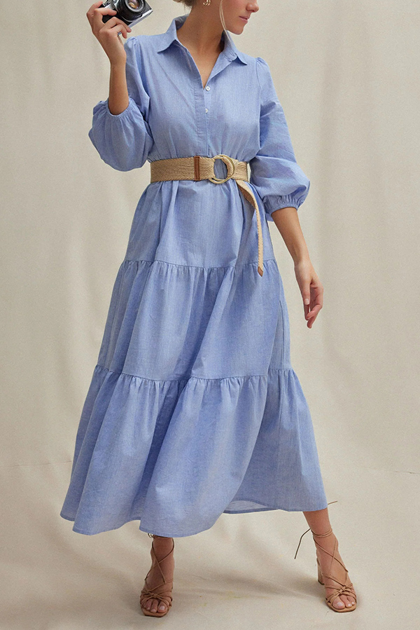 Solid Color Lapel Elastic Cuffs Loose Maxi Dress-consonak