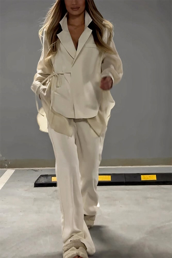 Chic and Elegant Chiffon Patchwork Irregular Lace-up Jacket and Pocketed Straight-leg Pants Set-consonak