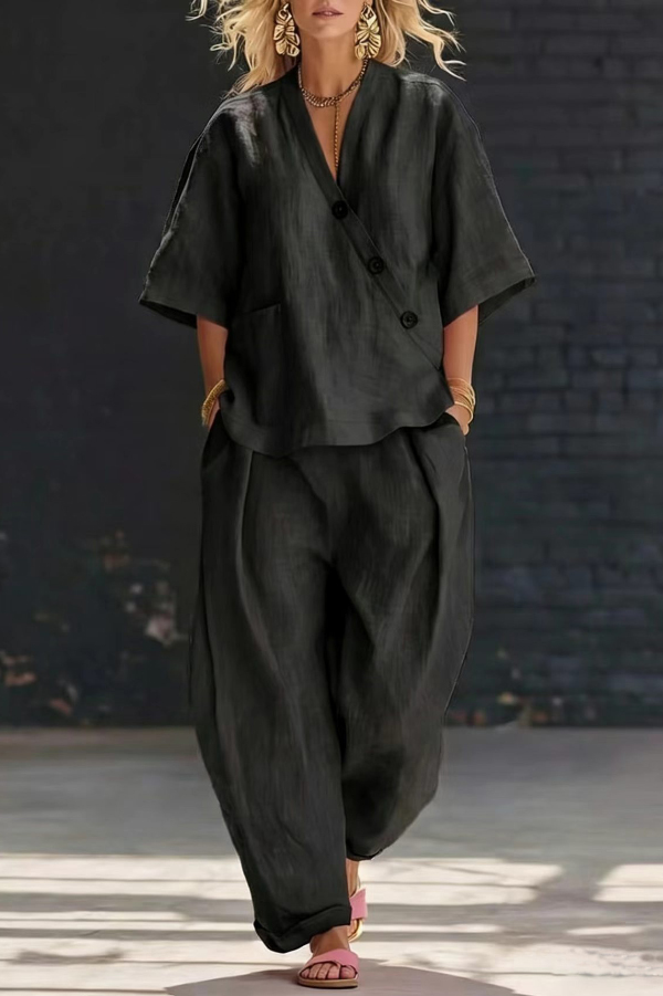 Linen Blend Solid Color V-neck Short-sleeved Loose Top and Elastic Waist Pocket Casual Pants Set