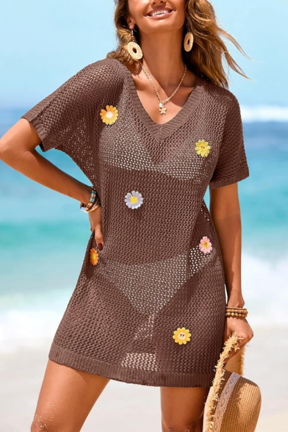 Floral-decorated V-neck Short-sleeved Crochet Cover-up Vacation Mini Dress-consonak