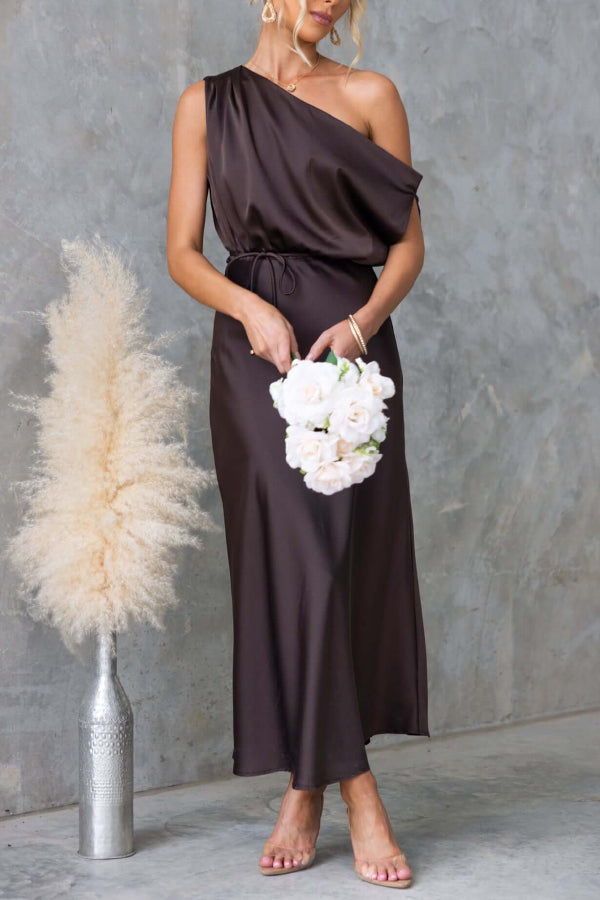 Solid Color One-shoulder Sleeveless Belted Casual Maxi Dress-consonak
