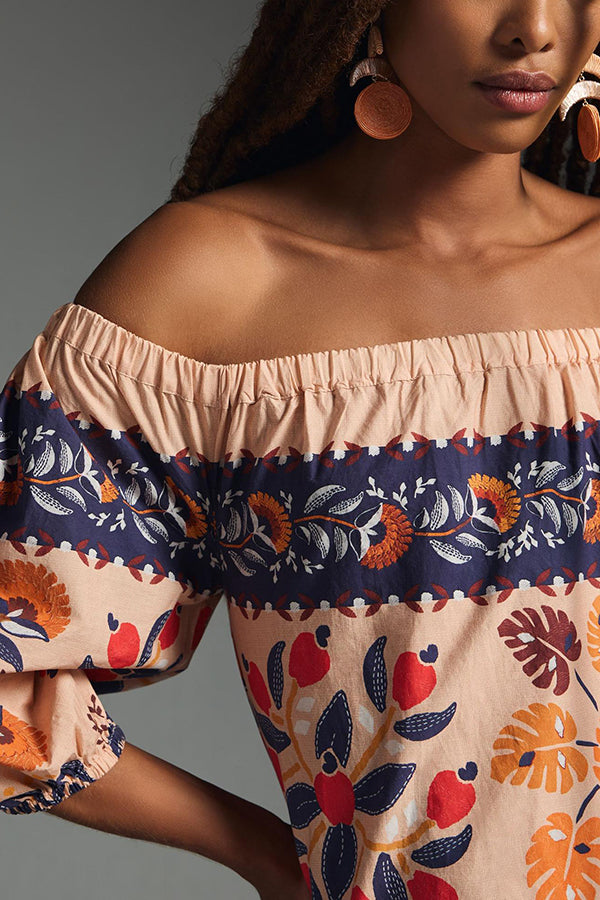 Island Lover Printed Off The Shoulder Pocketed Flowy Midi Dress-consonak