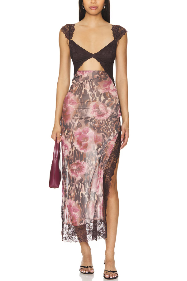 Floral Print Lace Patchwork Hollow-out Slim-fit Midi Dress-consonak