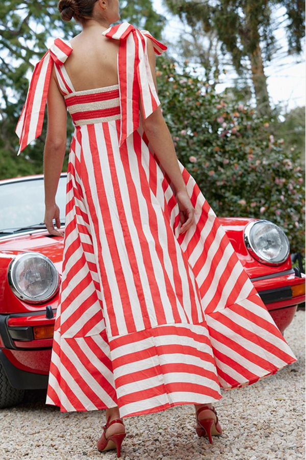 Treasured Times Stripe Print Tie-up Shoulder Pocketed A-line Maxi Dress-consonak