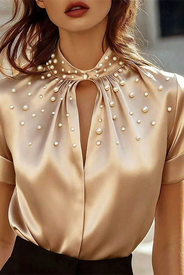 Eleganza LuxuryPearl-Beaded Satin Blouse-Consonak