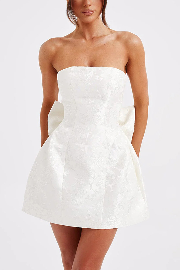 Palace Style Jacquard Fabric Off Shoulder Backless Lace-up Bow Mini Dress-consonak