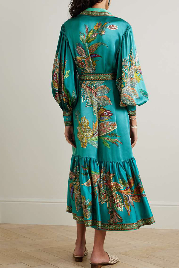 Resort Style satin Unique Printed Lapel Lantern Sleeve Lace-up Midi Dress-consonak