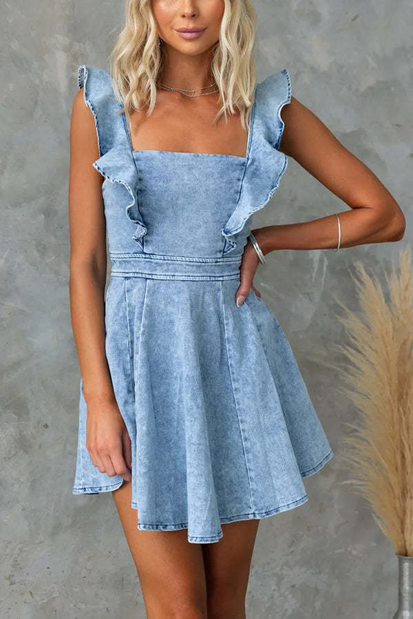 Sweet Secret Denim Square Neck Ruffle Sleeve Stretch Mini Dress-consonak