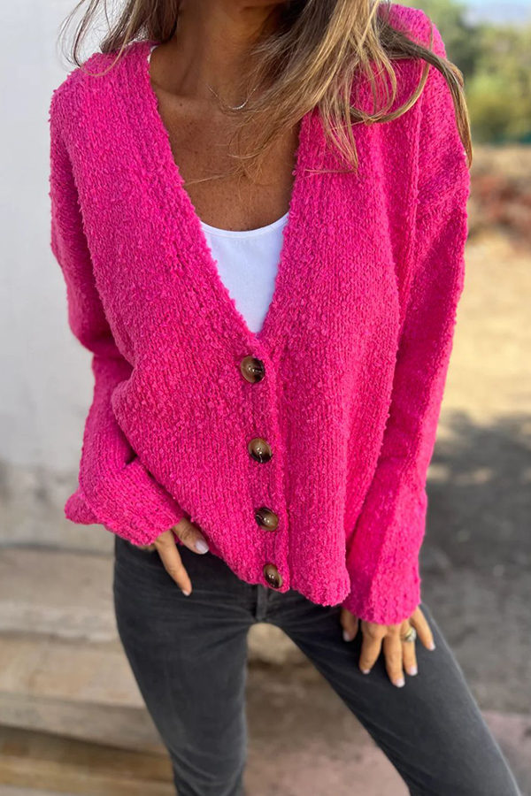 Solid Color V-neck Long-sleeved Fashionable Knitted Cardigan-consonak