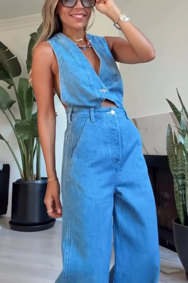 Bold Design Denim Vest-inspired Bodice Crisscross Strap Pocket Loose Jumpsuit