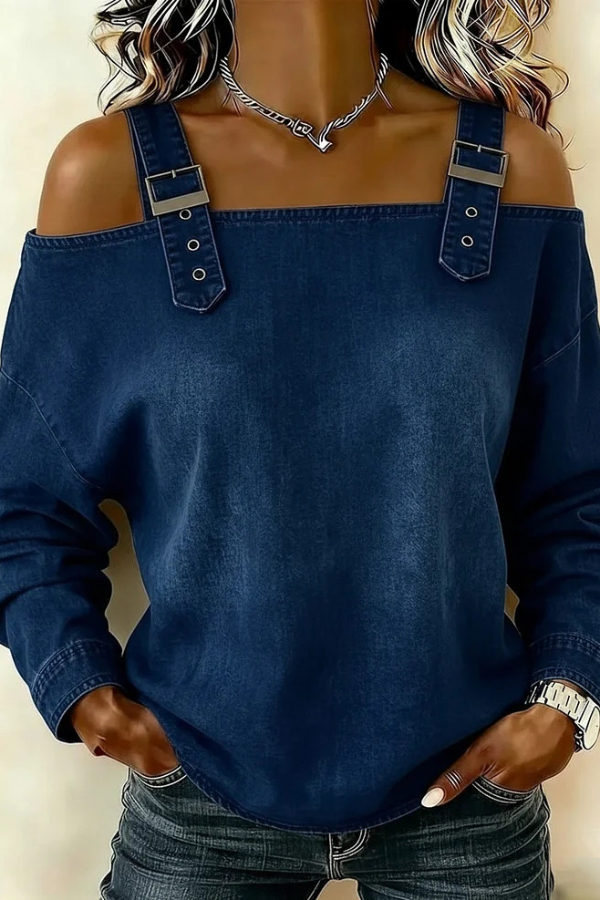 Fashionable Faux Denim Off-shoulder Long-sleeved Loose Top