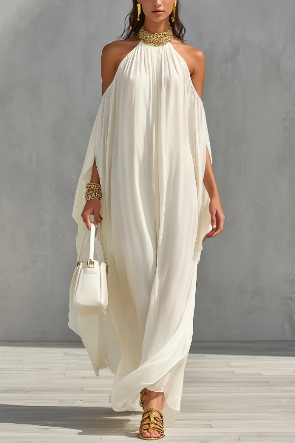 Fashionable Chiffon Metal Halter Neck Off-shoulder Elegant Loose-fitting Holiday Maxi Dress-Consonak