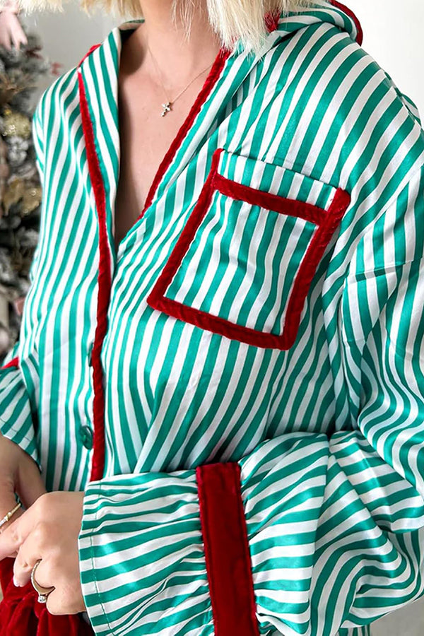 Striped Printed Color-blocked Trim Long-sleeved Loose Top and Elastic Waist Belt Wide-leg Pants Set-consonak