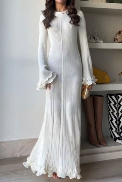 Clara Pleated Fabric Wavy Edges Bell Sleeve Tie-back Stretch Maxi Dress-consonak