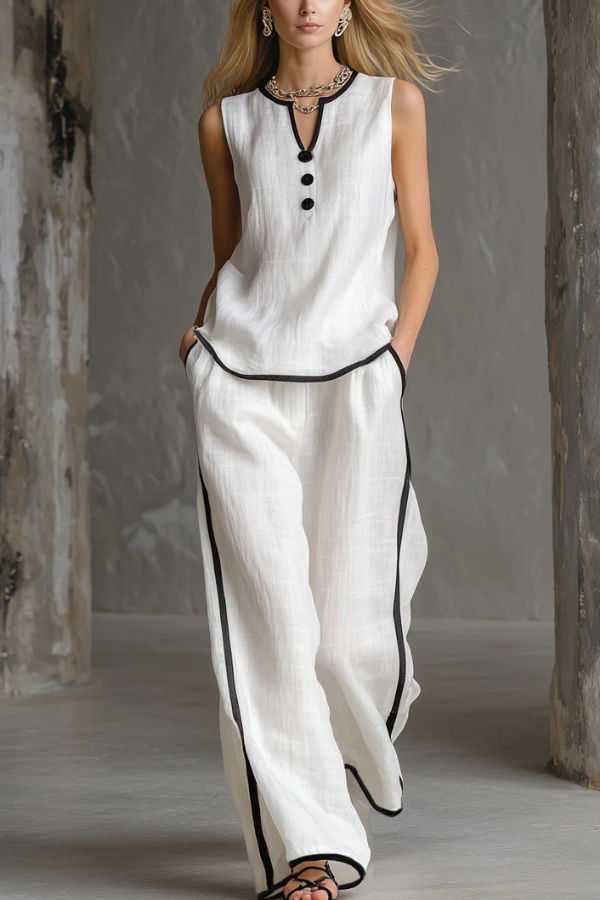 Stylish Color-blocked Sleeveless V-neck Top and Elastic Waist Pockets Casual Wide-leg Pants Set-Consonak