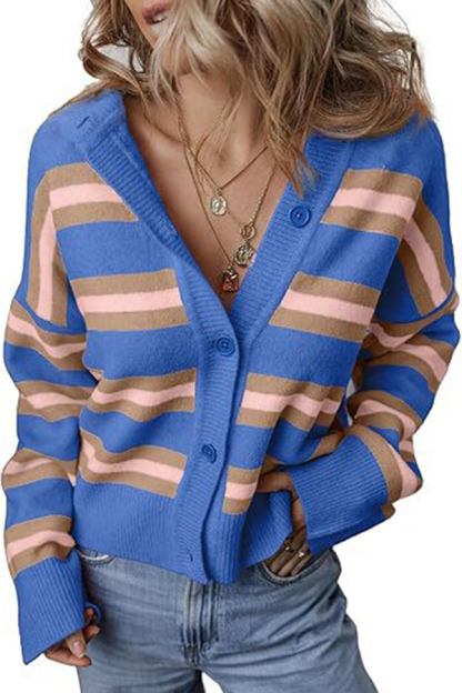 Colorblock Striped Knitted Long-sleeve Cardigan-consonak