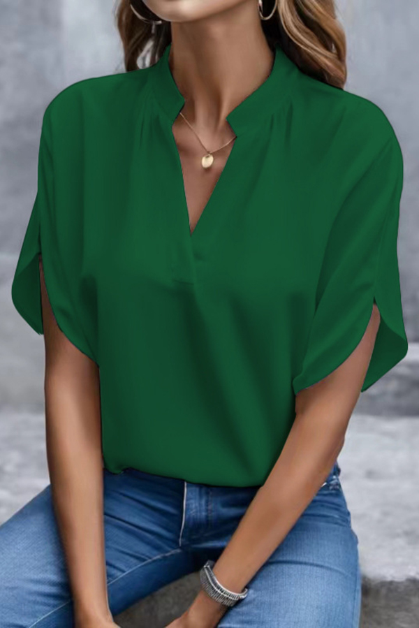 Solid Color V-neck Short-sleeved Casual Loose Shirt Top-consonak